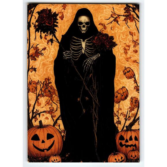 Vintage Halloween Postcard Grim Reaper with Pumpkins Photochrome - Picture 1 of 2